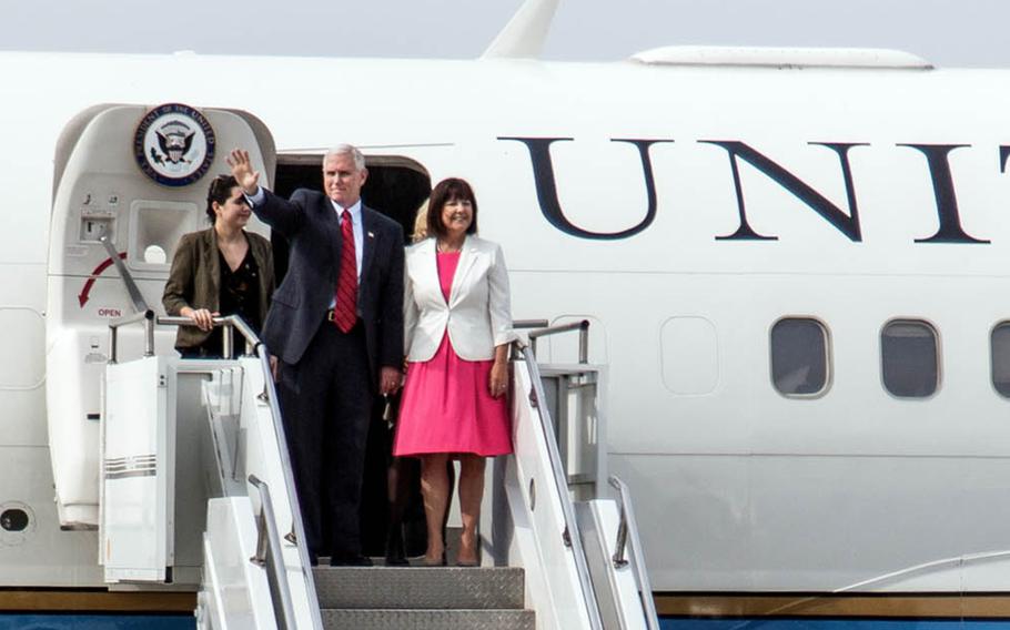 Vice President Mike Pence and his family arrive at Osan Air Base, South Korea, Sunday, April 16, 2017. 