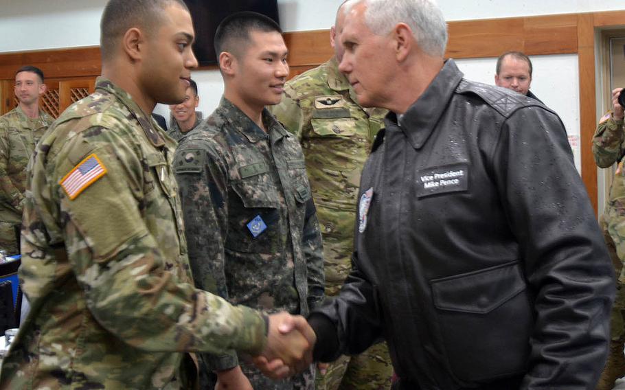 Vice President Mike Pence greets U.S. and South Korean soldiers assigned to the Demilitarized Zone that divides North and South Korea, Monday, April 17, 2017. 