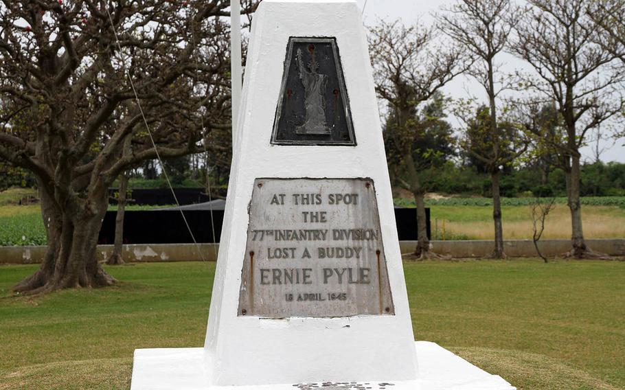 The memorial on Ie Shima, Okinawa, marks the spot where acclaimed World War II correspondent Ernie Pyle was felled by a Japanese bullet on April 18, 1945. 