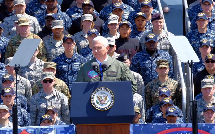 Vice President Mike Pence speaks to servicemembers aboard the USS Ronald Reagan in Yokosuka, Japan, Wednesday, April 19, 2017.
