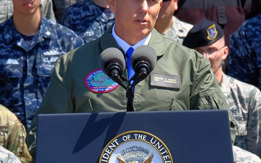 Vice President Mike Pence speaks to servicemembers aboard the USS Ronald Reagan in Yokosuka, Japan, Wednesday, April 19, 2017.