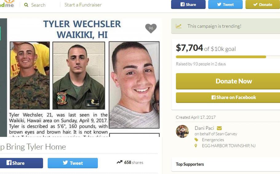 Tyler Wechsler, who was stationed at Marine Corps Base Hawaii, went missing on April 9, 2017. Wechsler’s family set up a GoFundMe page in their search for him.