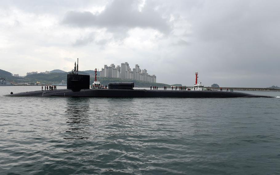 The Ohio-class guided-missile submarine USS Michigan (SSGN 727) arrives in Busan for a regularly scheduled port visit while conducting routine patrols throughout the Western Pacific. Michigan is the second submarine of the Ohio-class  of ballistic missile submarines and guided missile submarines, and the third U.S. ship to bear the name. Michigan is home-ported in Bremerton, Wash. and is forwarded deployed from Guam.