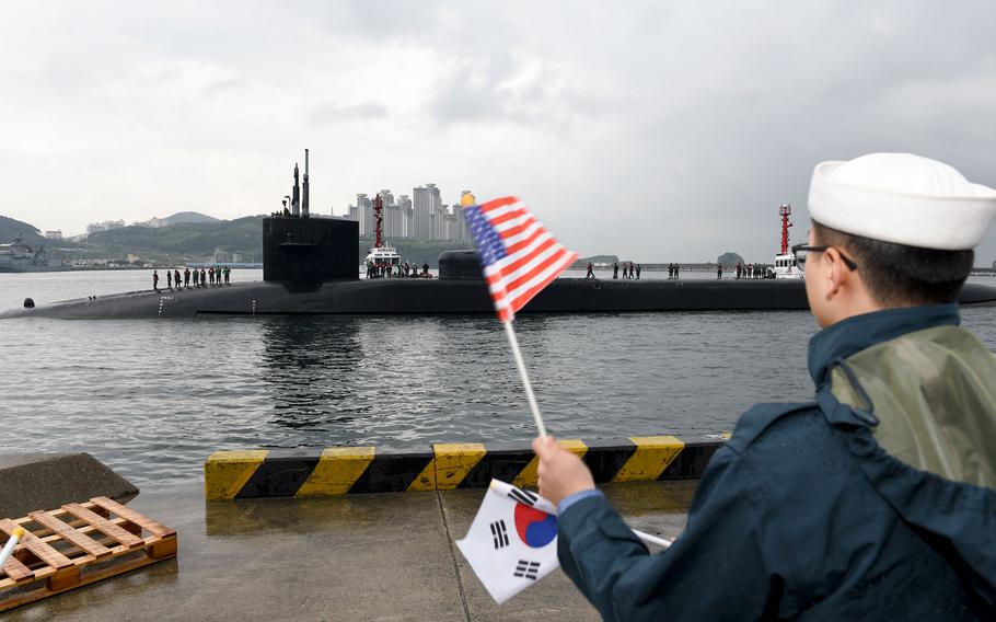 The Ohio-class guided-missile submarine USS Michigan (SSGN 727) arrives in Busan for a regularly scheduled port visit while conducting routine patrols throughout the Western Pacific. Michigan is the second submarine of the Ohio-class of ballistic missile submarines and guided missile submarines, and the third U.S. ship to bear the name. Michigan is home-ported in Bremerton, Wash. and is forwarded deployed from Guam.