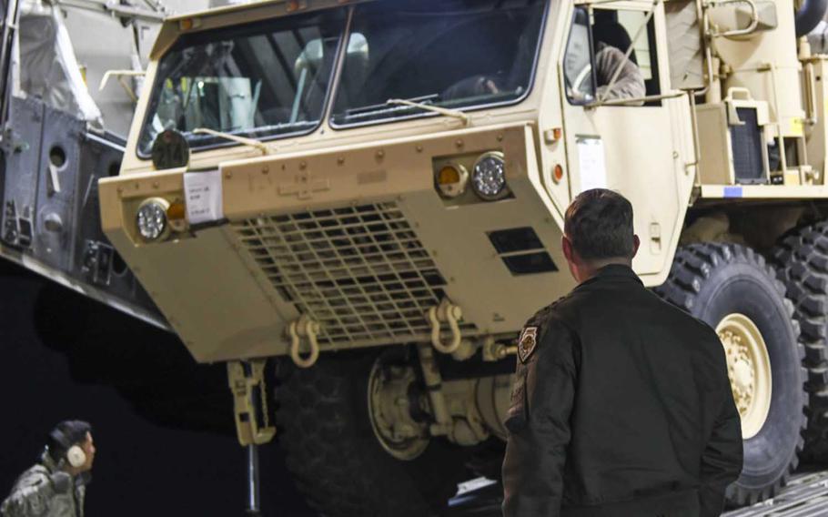 Elements of the THAAD system arrive in South Korea on March 6, 2017.