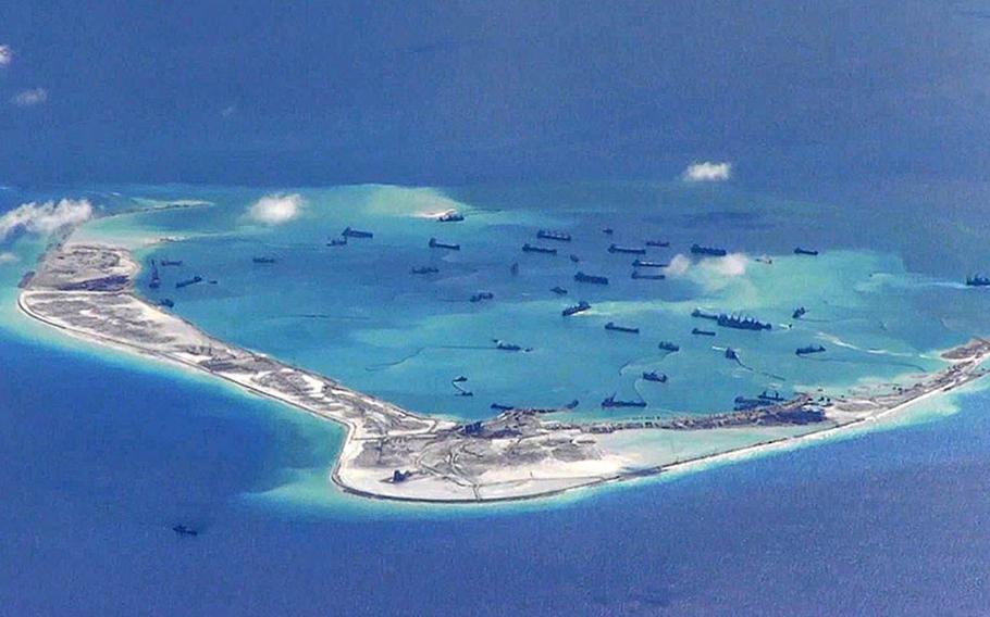 Subi Reef, part of the Spratly chain of islets in the South China Sea, is seen in May 2015.