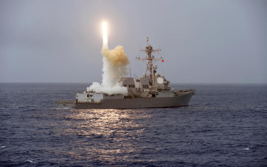 The guided-missile destroyer USS Fitzgerald (DDG 62) launches a missile from the aft missile deck during Multisail 17 on March 17, 2017.