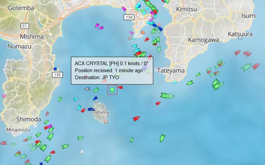 The ACX Crystal, shown here on a satellite map at about 10:30 on June 17, 2017, was reportedly involved in a collision with the destroyer USS Fitzgerald during early morning hours. Marine traffic heading out of Tokyo Bay is normally heavy.