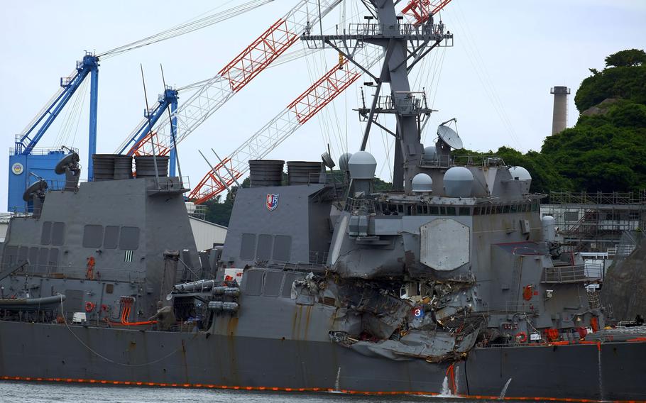 The USS Fitzgerald sits at Yokosuka Bay, on June 18, 2017, after a collision with a merchant ship on June 17.