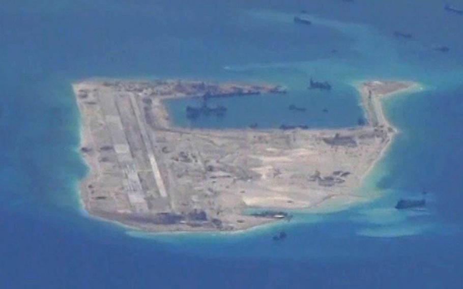 An aerial view of Fiery Cross Reef in the South China Sea from 2015.