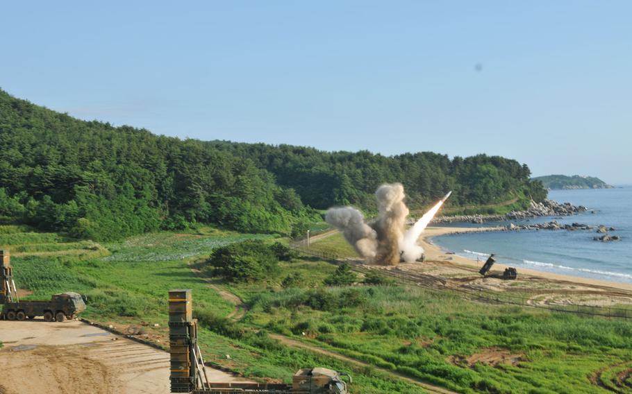 An M270 Multiple Launch Rocket System from 1st Battalion, 18th Field Artillery Regiment, 210th Field Artillery Brigade, 2nd Republic of Korea/United States Combined Division, fires an MGM-140 Army Tactical Missile into the East Sea on July 5, 2017. The United States and South Korea conducted a joint military exercise Wednesday in response to North Korea’s test of an intercontinental ballistic missile.