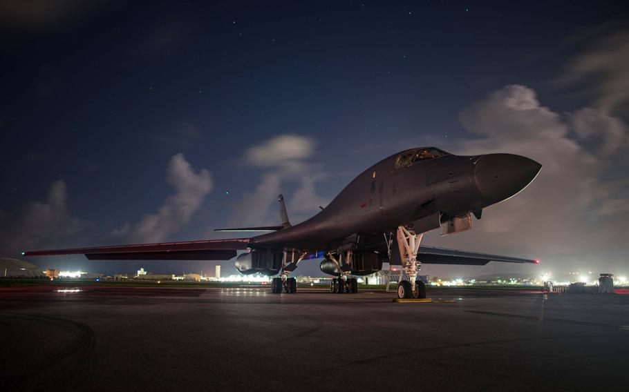 A U.S. Air Force B-1B Lancer assigned to the 9th Expeditionary Bomb Squadron, deployed from Dyess Air Force Base, Texas, sits at Andersen Air Force Base, Guam, ahead of a sequenced bilateral mission with South Korean F-15 and Koku Jieitai (Japan Air Self-Defense Force F-2 fighter jets, Friday,  July 7, 2017. 