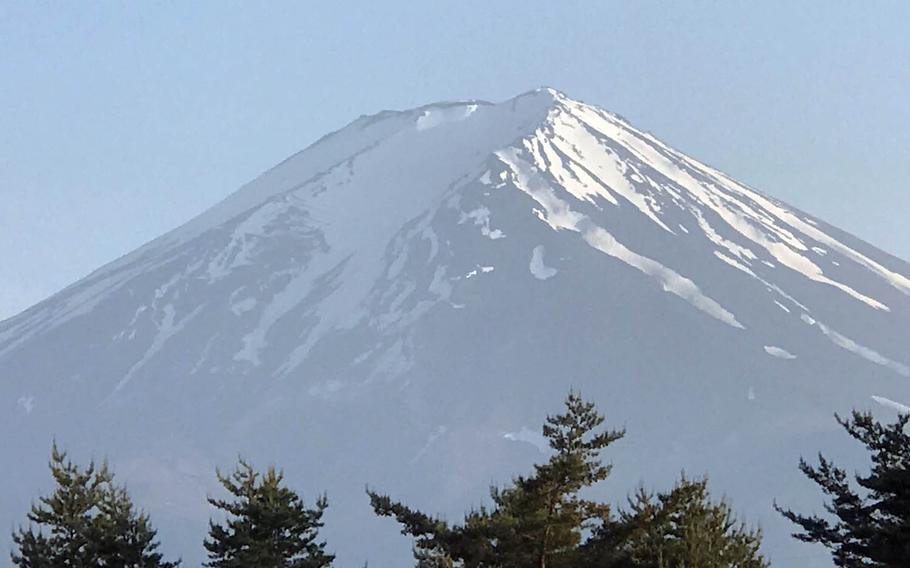 The summit of Mount Fuji is seen in May 2017. 