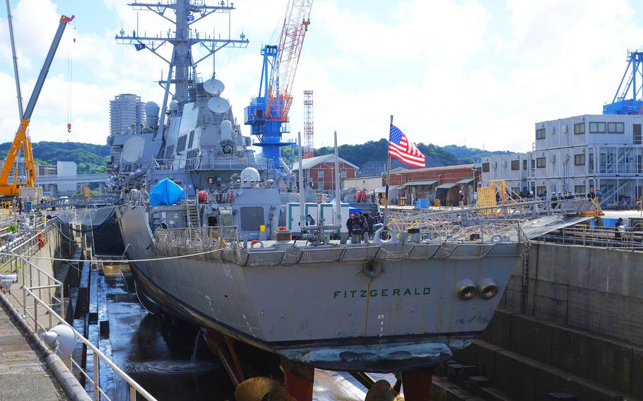 The USS Fitzgerald went into dry dock at Yokosuka Naval Base, Japan, Tuesday July 11, 2017. 