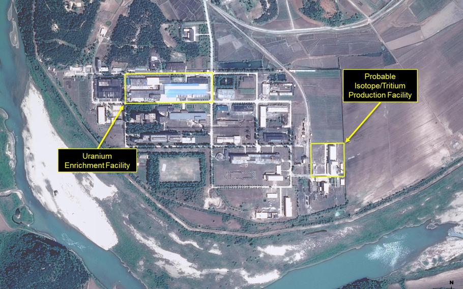 Recent thermal images show intermittent activity at the radiochemical laboratory that suggests the production of “an undetermined amount of plutonium” at the North’s Yongbyon nuclear facility, 38 North said Friday. 38 North, a website run by the U.S.-Korea Institute at Johns Hopkins University, said thermal patterns associated with the reprocessing facility show “significant deviations from month to month.” Includes material Pleiades © CNES 2017 Distribution Airbus DS / Spot Image, all rights reserved.