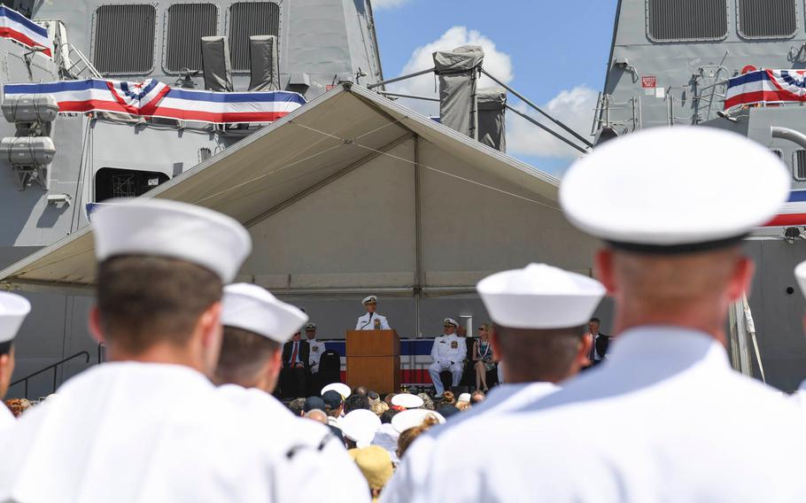 Adm. Harry Harris Jr., commander of U.S. Pacific Command, speaks during the commissioning ceremony for the USS John Finn in Pearl Harbor, Hawaii, Saturday, July 15, 2017. 