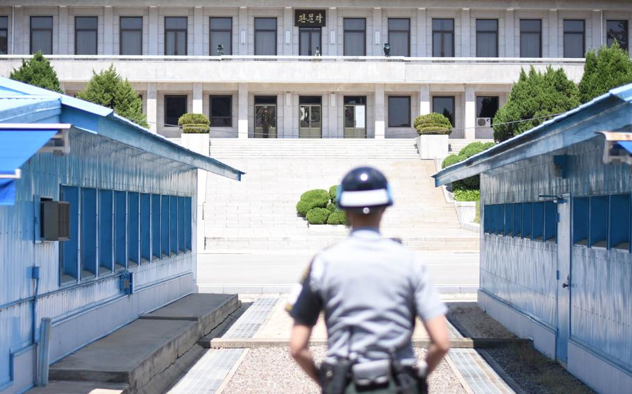 A South Korea soldier stands guard in May at the Joint Security Area of the Demilitarized Zone, which divides the two Koreas.