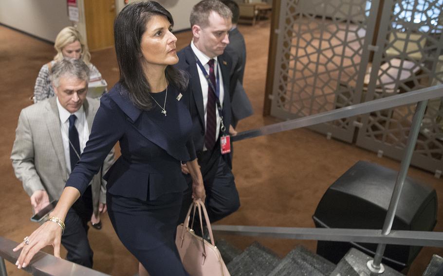 U.S. Ambassador to the United Nations Nikki Haley, center, leaves after attending a Security Council meeting on the situation in the Middle East, including the Palestinian question, Tuesday, July 25, 2017 at the UN headquarters.