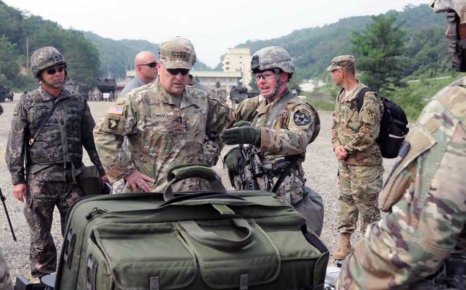 A soldier of the 2nd Infantry Division/ROK-US Combined Division briefs Gen. Mark A. Milley, U.S. Army chief of staff, on Aug. 18, 2016, at Rodriguez Live Fire Center, South Korea. Milley warned Thursday that ''time is running out'' to halt North Korea's efforts at developing a missile capable of hitting the U.S.

