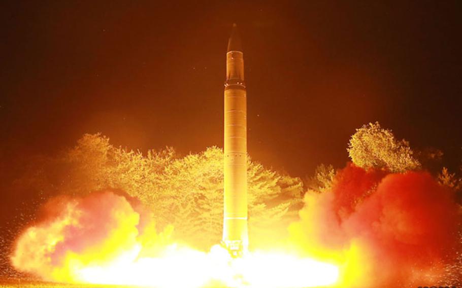 This undated photo released Saturday, July 29, 2017, by the Korean Central News Agency purports to show an intercontinental ballistic missile being launched late Friday from North Korea. 