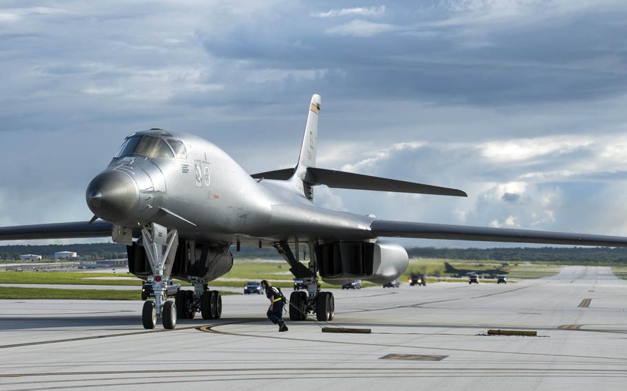 An Air Force B-1B Lancer assigned to the 37th Expeditionary Bomb Squadron from Ellsworth Air Force Base, S.D., arrives at Andersen Air Force Base, Guam, July 26, 2017. 