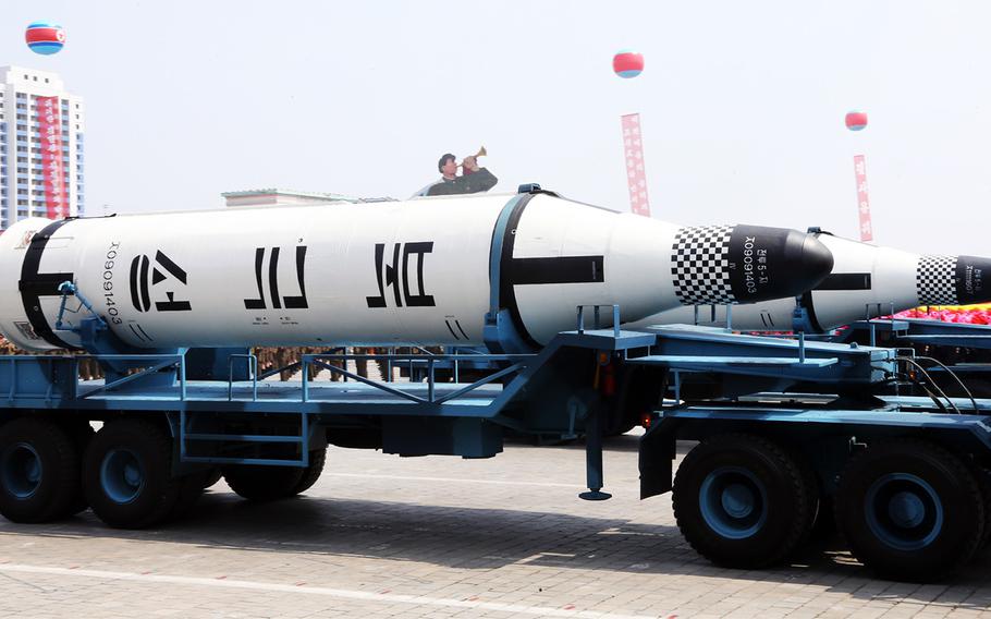 A submarine-launched ballistic missile is displayed during a military parade in central Pyongyang on April 15, 2017. 