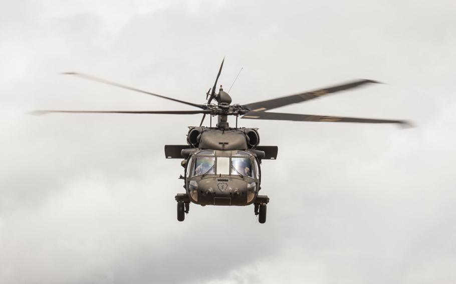 A UH-60 Black Hawk helicopter assigned to the 25th Combat Aviation Brigade lifts off aboard Marine Corps Base Hawaii on June 14, 2017.