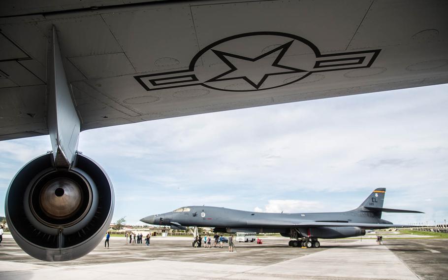 A B-1B Lancer supersonic bomber sits on the flight  line at Andersen Air Force Base, Guam, Thursday, Aug. 17, 2017. 