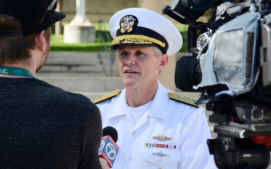 Vice Adm. Phillip G. Sawyer gives an interview to a local Albuquerque news station at the Navy Week Albuquerque kick-off event in 2016.