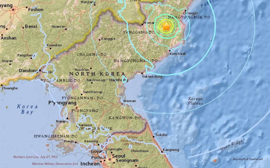This map released by the U.S. Geological Survey shows the location of a 6.3-magnitude "explosion" 24 km east-northeast of Sungjibaegum, North Korea, Sunday, Sept. 3, 2017.