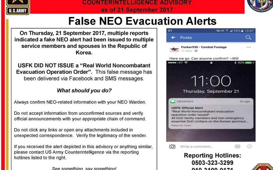 This message posted to the 8th Army’s official Facebook page on Thursday, Sept. 21, 2017, warns U.S. personnel against fake evacuation orders for the Korean Peninsula.