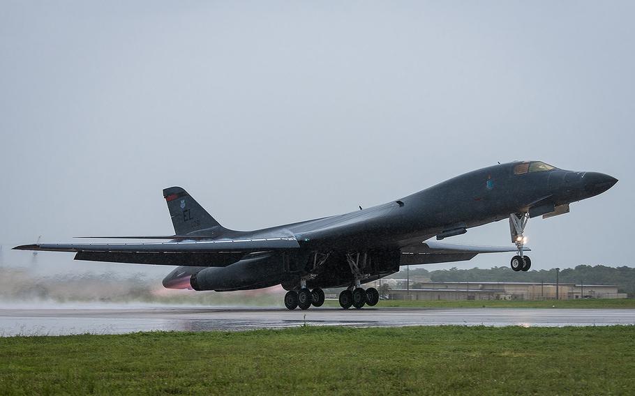 A U.S. Air Force B-1B Lancer assigned to 37th Expeditionary Bomb Squadron takes off from Andersen Air Force Base, Guam on Sept. 9, 2017.