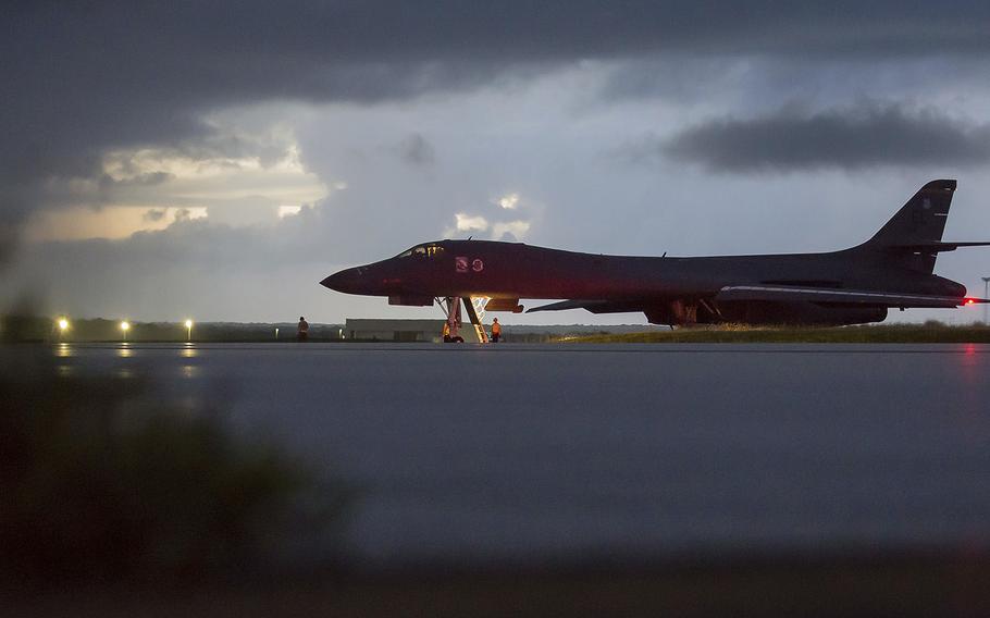 A U.S. Air Force B-1B Lancer, assigned to the 37th Expeditionary Bomb Squadron, deployed from Ellsworth Air Force Base, S.D., prepares to take off from Andersen AFB, Guam, on Saturday, Sept. 23, 2017. 