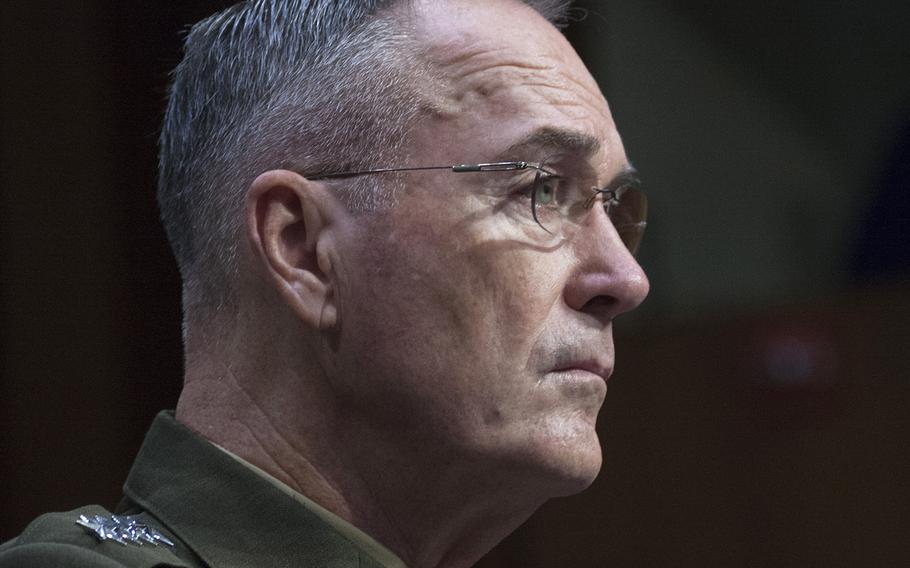 Gen. Joseph Dunford, chairman of the Joint Chiefs of Staff, listens to opening statements during his reappointment hearing on Capitol Hill, Sept. 26, 2017.