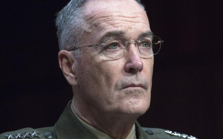 Gen. Joseph Dunford, chairman of the Joint Chiefs of Staff, listens to opening statements during his Senate Armed Services Committee reappointment hearing on Capitol Hill, Sept. 26, 2017.