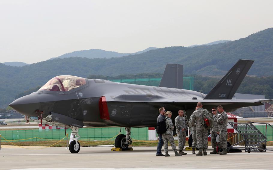 A U.S. F-35 stealth fighter is seen during the press day of the 2017 Seoul International Aerospace and Defense Exhibition at Seoul Airport in Seongnam, South Korea, Monday, Oct. 16, 2017.