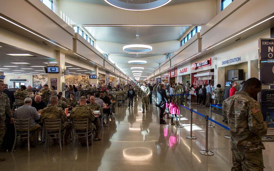 Soldiers patronize the new food court at Camp Humphreys, South Korea, Monday, Oct. 30, 2017. 