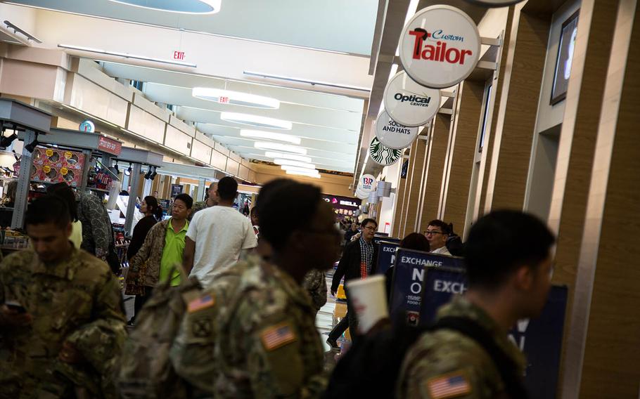 Soldiers check out some of the new shops at Camp Humphreys, South Korea, Monday, Oct. 30, 2017. 