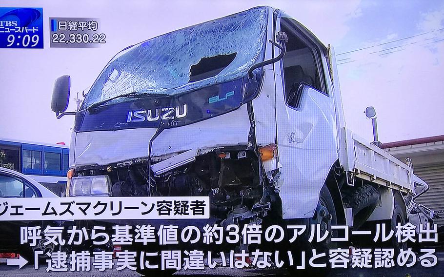 This image from a Tokyo Broadcasting System program shows the Marine-driven vehicle involved in a fatal crash in Naha, Okinawa, Sunday, Nov. 19, 2017.