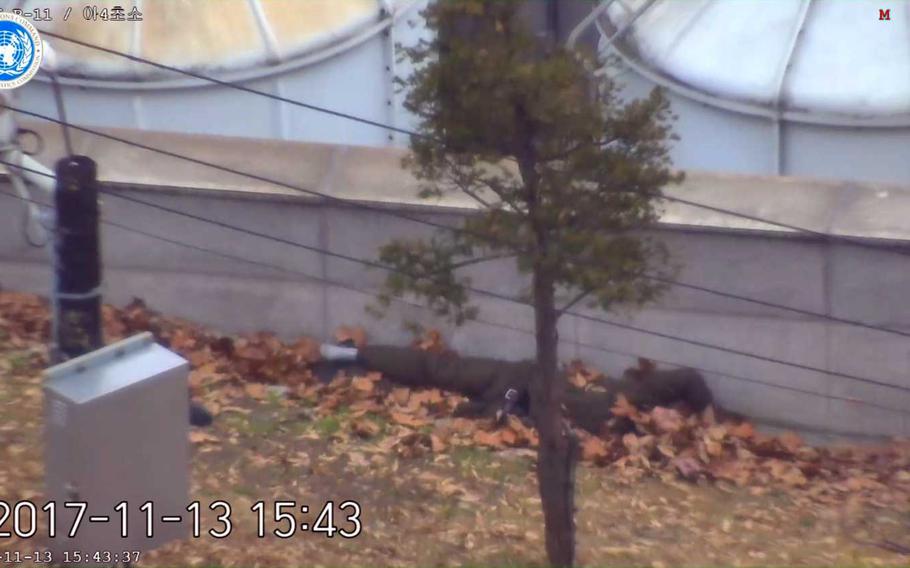 In a video released by the United Nations Command, a North Korean defector presumed to be a member of the North Korean army, is seen under a pile of leaves in the truce village of Panjumon. He was recovered by a UNC joint security battalion consisting of U.S. and South Korean troops “a short time” after running south across the Military Demarcation Line.