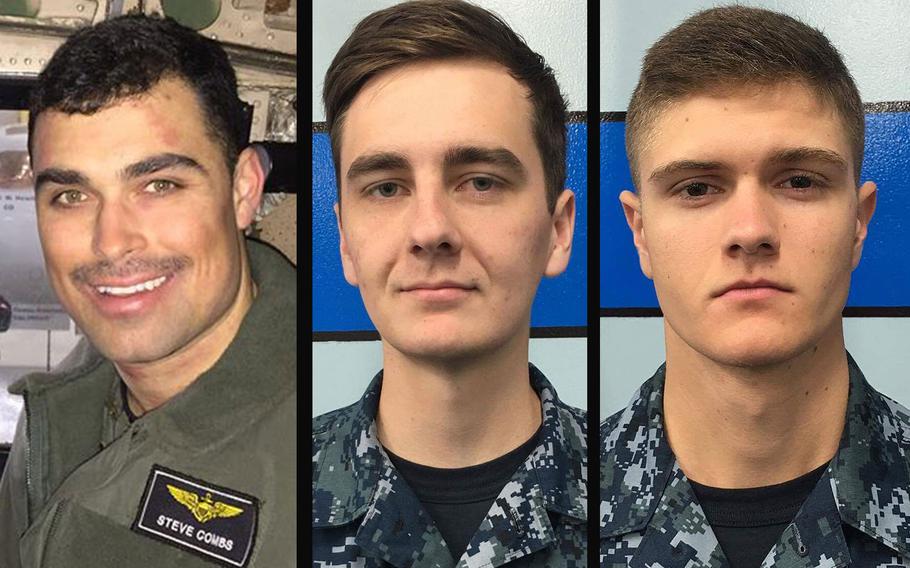 From left: Lt. Steven Combs; Seaman Matthew Chialastri, an aviation boatswain’s mate; and Seaman Apprentice Bryan Grosso, an aviation ordnanceman