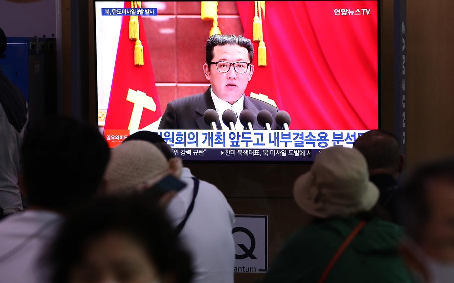 People watch a television broadcast showing a file image of a North Korean leader Kim Jong-Un at the Seoul Railway Station on June 5, 2022, in Seoul, South Korea. 