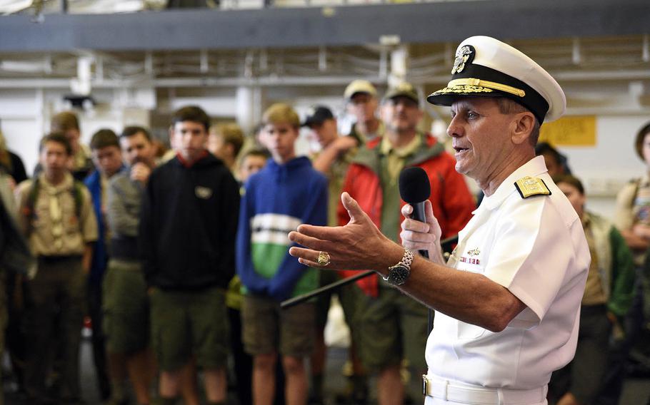 Rear Adm. Richard Brown speaks aboard the USS Somerset at Everett, Wash., Aug. 2, 2016.