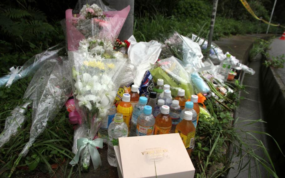  A makeshift shrine sprung up near the site where 20-year-old Uruma office worker Rina Shimabukuro's body was found on Okinawa in 2016.