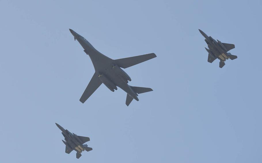 An Air Force B-1B Lancer bomber flies alongside two South Korean fighters over the Korean Peninsula, Oct. 21, 2017.