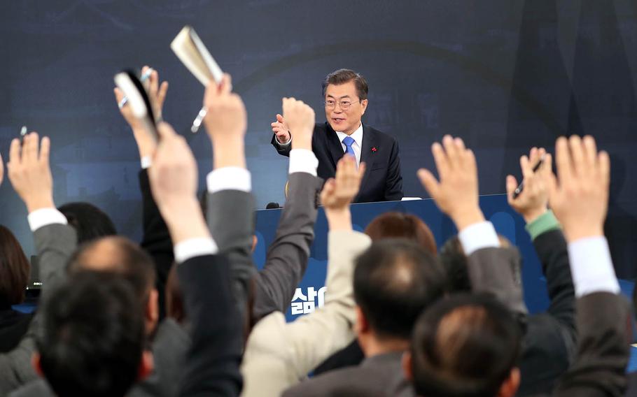 South Korean President Moon Jae-in speaks at a press conference in Seoul, South Korea, Wednesday, Jan. 10, 2017. 