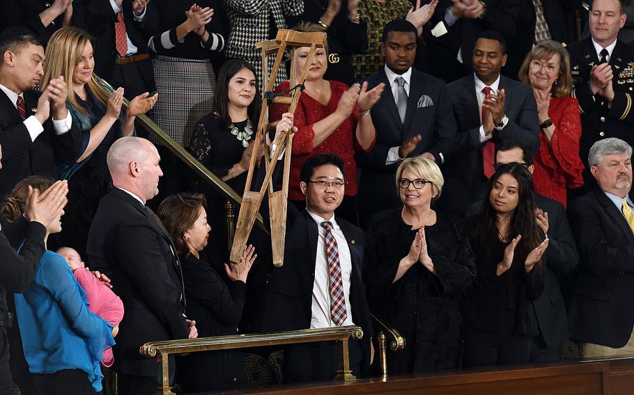 Ji Seong-ho, who fled North Korea, attends the State of the Union address before a joint session of Congress on Capitol Hill in Washington, D.C. on Tuesday, Jan. 30, 2018.