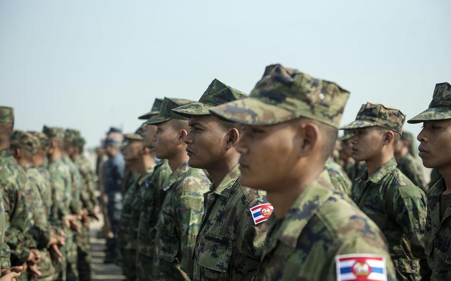 Thai Marines stand at parade rest at U-Tapao Air Base, Thailand, during the opening ceremony for the annual Cobra Gold exercise, Tuesday, Feb. 13, 2018. 