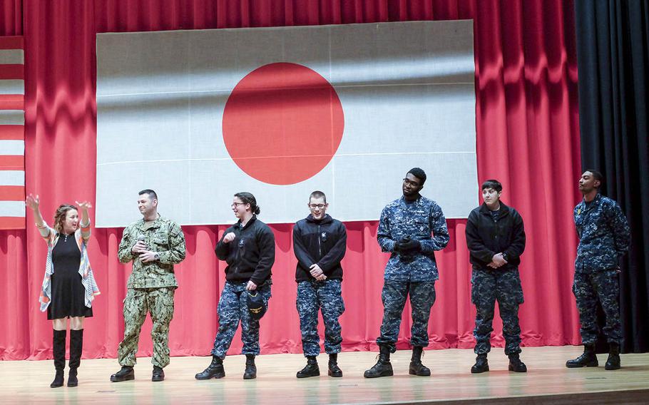 Sailors participate in a sexual-assault role-playing scenario during a Pure Praxis performance at Yokosuka Naval Base, Japan, Wednesday, Feb. 14, 2018.