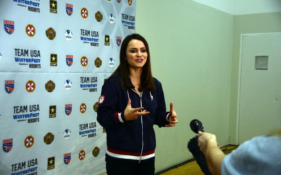U.S. figure skater Sasha Cohen, a silver medalist in the 2006 Olympics, said it was a tremendous honor to meet servicemembers and their families during Winterfest at Yongsan Garrison in Seoul, South Korea, Monday, Feb. 19, 2018. 